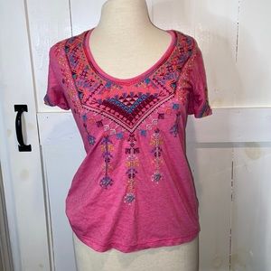 Johnny Was Etienne Pink Embroidered Short Sleeve Top